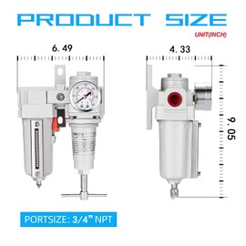 NANPU 3/4" NPT High Pressure Air Filter/Regulator Combo, T-Handle, Semi-Auto Drain, 0-300 Gauge, Metal Bowl