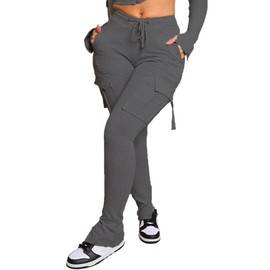 SHINFY Womens Cargo Sweatpants Drawstring High Waisted Sweat Pants Cargo Joggers Leggings with Pockets Grey