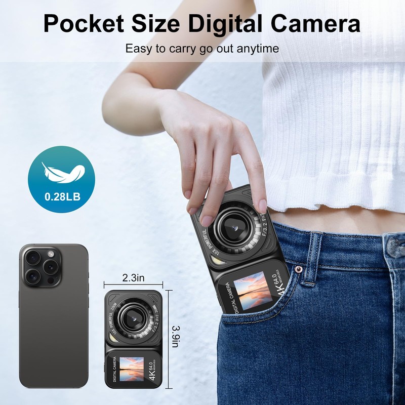 QUOLODOO Digital Camera, 4K 64MP Dual Screens Camera, 18X Zoom,