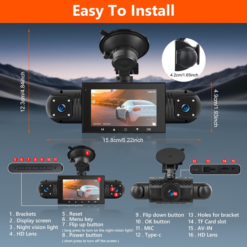 Podofo 360° Dash Cam Front and Rear Inside,4 Channel 3"