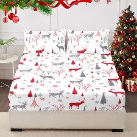 HCORA Christmas Twin Fitted Sheet and Pillowcase Set - 100% Brushed Microfiber Reindeer Fitted Sheet Deep Pocket Up to 16" - Ultra Soft, Shrinkage & Fade Resistant (Twin)