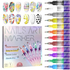 AOKELEON 12 Colors Nail Art Pens Set 3D Nail Polish Pens Graffiti Dotting Pen Acrylic Paint Pens Point Liner Pen Drawing Painting for Nails Art Design Manicure Nail DIY Decoration