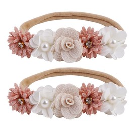 FMYODWU Pack of 2 Baby Girl Flower Headband, Baby Girl Nylon Headband, Baby Lace Hairband, Flower Elastic Hair Band, Baby Christening Headband, Suitable for Parties, Weddings, Family Photos