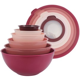 COOK WITH COLOR Mixing Bowls with TPR Lids - 12 Piece Plastic Nesting Bowls Set includes 6 Prep Bowls and 6 Lids, Microwave Safe (Rose)