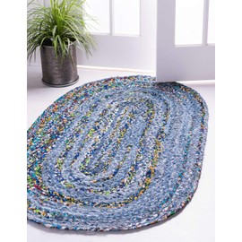 Unique Loom Braided Chindi Collection Casual Modern Blue/Dark Blue Oval Rug (3' 3 x 5' 0)