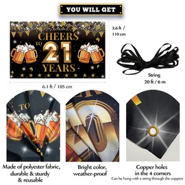 21st Birthday Decorations for Him Her, Cheers to 21 Years Birthday Backdrop Banner, Black Gold 21 Birthday Party Photo Props, 21 Birthday Yard Sign Poster Supplies for Outdoor Indoor, Fabric Vicycaty