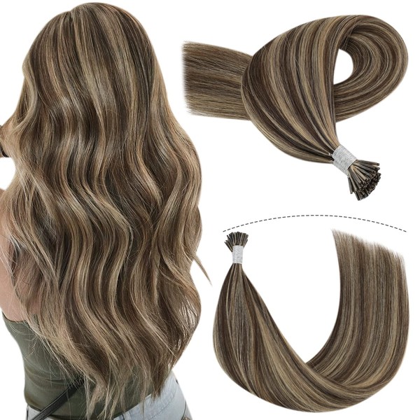 I Tip Hair Extensions for Women, YoungSee I Tips Hair Extensions Dark Brown Highlights Caramel Blonde #4/27 22 inch Itip Extensions 1G/S I Tip Human Hair Extensions 50G