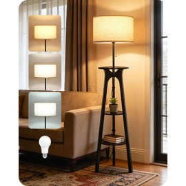 GOEBLESON 3 Tier Shelf Floor Lamps, Wood Tripod Floor Lamp, Large Linen Lampshade, 3 Color Temperature LED Bulb Included, Modern Shelf Floor Lamp for Living Room Bedroom Beige and Black BE25LD05