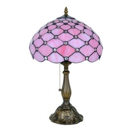 GILGGAK Tiffany Lamp Vintage Pink Stained Glass Bead Table Lamp Desk Bedside Reading Light Decor Bedroom Living Room Home Office D12*H18 Inches