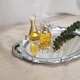 Yamfurga Oval Printed Decorative Mirror Tray, French Style, Mirror, Makeup Organizer, Jewelry Organizer, Serving Tray, 9.8"x 14.6", Silver