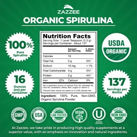 Zazzee USDA Organic Spirulina Powder, 16 Ounces, 137 Servings, 100% Pure