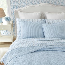 Laura Ashley - Quilt Set, Super Soft Bedding with Matching Sham, Casual Home Decor (Oxford Stripe Blue, Full/Queen)