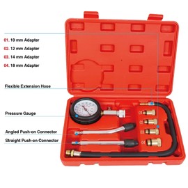 TCE ATRHS-A0031U-1 Torin 8 Piece 0-300 Psi Engine Cylinder Compression Pressure Gauge Tester Kit Automotive Tool Gauge, Red