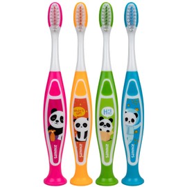 PRO-SYS Kids Toothbrush with Suction Cup, Sammie The Panda, Animal Design, Soft Bristles for Boys & Girls, Toddlers & Children Ages 2+, Pack of 4