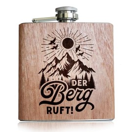 The Mountain Calls Hip Flask Wood with Engraving. Gift Skiing Hip Flask Hiking Accessories for Summit Strikers