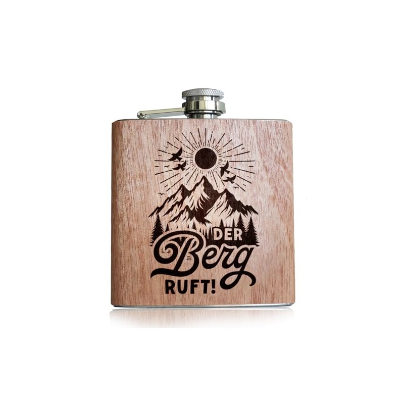 The Mountain Calls Hip Flask Wood with Engraving. Gift Skiing