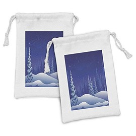 Lunarable Winter Scene Fabric Pouch Set of 2, Dreamy Like Snowy Woodland Trees at Night Illustration, Small Drawstring Bag for Toiletries Masks and Favors, 9" x 6", Dark Lavender Multicolor