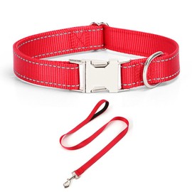 JAY D.L Reflective Dog Collar and Leash Set with Metal Buckle, Soft Sturdy Nylon Dog Collars with Quick Release Buckle, Adjustable Pet Collars with with ID Tag Ring for Small Medium Large Dogs