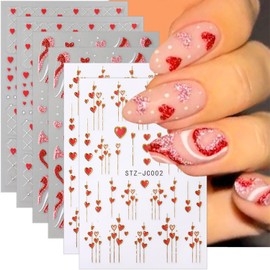6 Sheets Heart Nail Stickers for Nail Art,3D Valentine's Day Nail Art Stickers Self Adhesive Irregular French Line Nail Decals Romantic Glitter Heart Nail Supplies for Women Girls Valentine Manicure