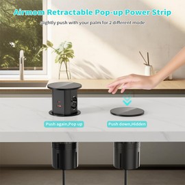 Airmom Versenkbare Steckdose 2 Fach mit 2 USB-C,2 USB-A, Tischsteckdose versenkbar mit 15W kabellosem Laden, Einbausteckdose für Arbeitsplatte, Küche & Büro, D 85mm,Schwarz
