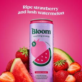 Bloom Nutrition Bloom Nutrition Sparkling Energy Drink - Natural Caffeine, Zero Sugar, 180mg Caffeine - Antioxidant-Rich with Green Coffee Bean, Green Tea Extract, Prebiotics - Strawberry Watermelon - 12oz 12 Pack