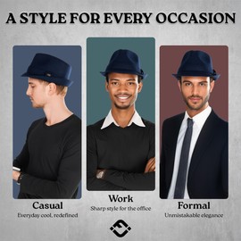 Funky Junque Mens Fedora Hat Classic Vintage Wool Blend with Adjustable Drawstring and Short Brim, Navy, 6 3/4-7 1/8