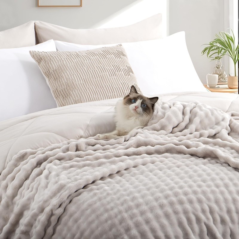 RUIKASI Fleece Throw Blanket for Sofa - Beige Single Fluffy
