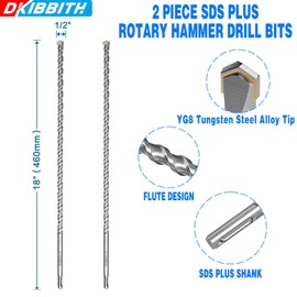 2-Pack SDS Plus Masonry Drill Bits 1/2 Inch x 18 Inch Long Rotary Hammer Drill Bits Carbide Tipped for Concrete Brick Cement Stone Block.