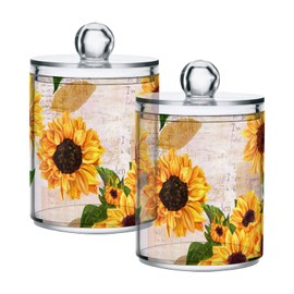 JUMBEAR 4 Pack Sunflower Qtip Holder Dispenser with Lid, 14 oz Clear Plastic Apothecary Jar Set for Bathroom Vanity Organizers Storage Containers