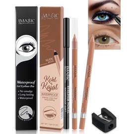 Nude Beige & Black Water Line Gel Eyeliner Pencil-2Pcs Smooth Easy-to-Sharpen Pencil with Sharpener,Waterproof Smudge-Proof Cream Eye Liner Waterline Pen,Longlasting Eye Makeup Gift for Older Women