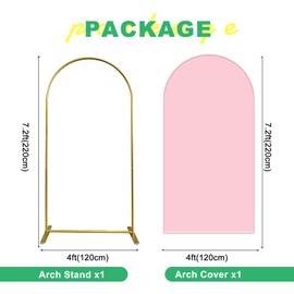 Metal Arch Backdrop Stand and Cover Set, 7.2FT Pink Reusable Spandex Fitted Backdrop Cover and Gold Wedding Arch Frame for Baby Shower, Birthday, Parties Decoration.