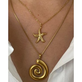 LANWLOSI 2 PCS Gold Starfish Shell Necklaces for Women Trendy Adjustable Starfish Pendant Necklaces Non Tarnish Hollow Vortex Spiral Seashell Neck Chain Summer Beach Hawaiian Jewelry Accessories