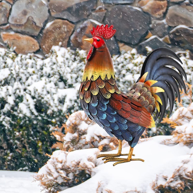 chisheen Rooster Decor Garden Statue Metal Chicken Yard Art Sculpture