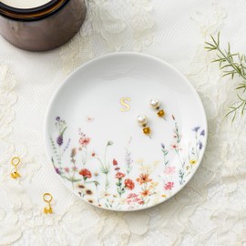 Crisky Initial Jewelry Tray Ring Dish & Gift Box, Ceramic Flower Trinket Dish for Rings Earrings Necklaces Keys, Bridal Shower Engagement Birthday Gift for Women, Friends 4.57" (Gold Foil S