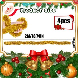 YEAP Pack of 4 Christmas Tree Tinsel, Christmas Tinsel Garland, Tinsel Tree Decoration, Shiny Tinsel Garland, Hanging Decorations for Christmas, Holidays, Indoor Outdoor, 2 m each, Gold