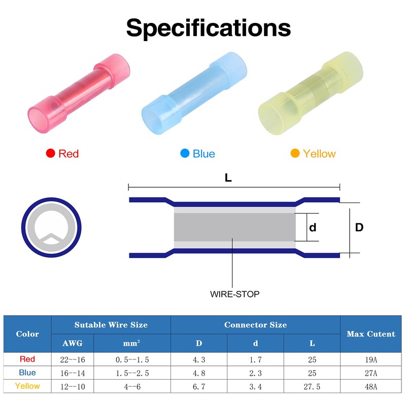 100pcs PA66 Nylon 16-14 AWG Wire Connectors Electrical Crimp Butt