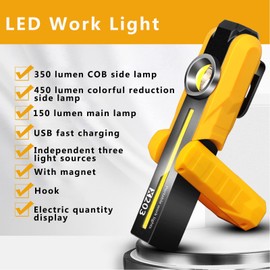 Rechargeable Work Light, Compact Rechargeable Flashlight, with 3 Modes, COB Work Light, Magnetic Base and Pocket Clip, for Car Repairing, Camping, Hiking, Emergency (Yellow)