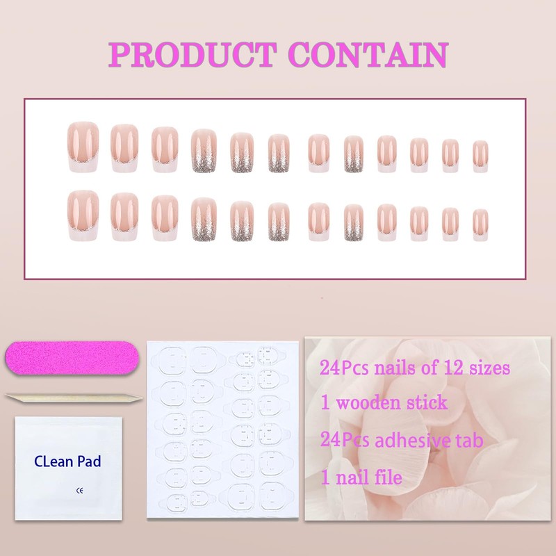 French Tips Press on Nails Short Square Silver Fake Nails