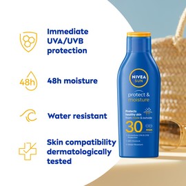 NIVEA NIVEA SUN Protect & Moisture Sun Lotion SPF 30 (200 ml), Suncream with Vitamin C and Hyaluron, Provides 48H Moisture & Immediate UVA & UVB Protection, Fast-Absorbing No White Cast Formula