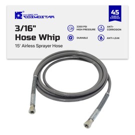 Cosmostar 3/16" x 15 feet Super Flexible Airless Sprayer Hose - 3300 PSI Max Pressure, Durable & Universal Fit Whip Hose
