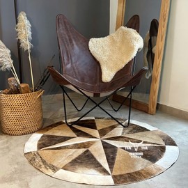 Cowhide Rug, Light Brown Leather, Star Patchwork Round Area 40", for Decorating Bedrooms, Dining Rooms, and Living Rooms