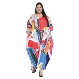 Oussum Long Caftan for Women Plus Size Beach Cover Up Casual Kaftan Maxi Gown Dress Loungewear House Dresses for Summer, Multicolor Abstract Pattern, One Size Plus