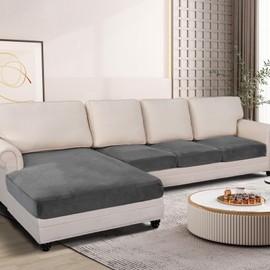 ANARACHON Velvet Couch Cushion Covers 4 Pieces L Shaped Sectional Sofa Seat Slipcovers Stretch Chaise Lounge Cover Plush Furniture Protector for Dogs Pet Washable (3 Seater + 1 Chaise, Grey)