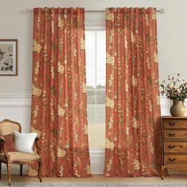 Terracotta Linen Floral Bird Curtains Vintage 102 Inch 2 Panels Back Tab for Living Dining Room Patterned Botanical Drapes Rustic Country Cottage Autumn Decor Light Filtering Semi Sheer for Bedroom