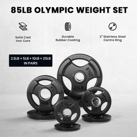 LIONSCOOL 2-Inch Rubber Olympic Grip Weight Plates for Strength Training, Weightlifting, Solid Cast Iron Plate for Barbell in Single/Pair/Set for Home & Gym (2.5-45LB), One Year Warranty (85LB SET)
