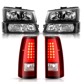 TUSDAR 6 PCS Fits for 2003-2006 Chevy Silverado Headlight & LED Tail Light Assembly Pair Set OE Factory Style Black Housing & Clear Reflector