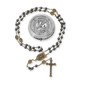 Nazareth Store Bronze St Michael Archangel Hematite Black Stone Beads Rosary Necklace with Metal Box Handmade Rosaries for Men and Women