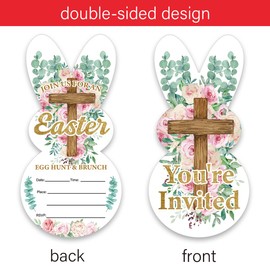 LyoGao Easter Party Bunny Shaped Invitations - Easter Floral Cross Easter Egg Hunt Brunch Party Fill in Invites Cards with Envelopes (Set of 20)