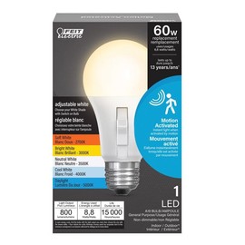 Feit Electric LED Motion Sensor Light Bulb, A19 60W Equivalent, 5CCT, Non-Dimmable, E26 Medium Base, 90 CRI, 800 Lumens, Standard Light Bulb with Switch on Bulb, 15-Year Lifetime, OM60/5CCTCA/MM/LEDI