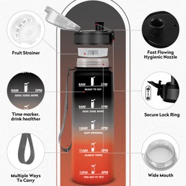 Water Bottle 1 L, Water Bottle with Filter, Motivational Water Bottle, Leak-proof and Time Marking, BPA-Free, Water Bottle for Sports, School, Gym, Hiking, Bik